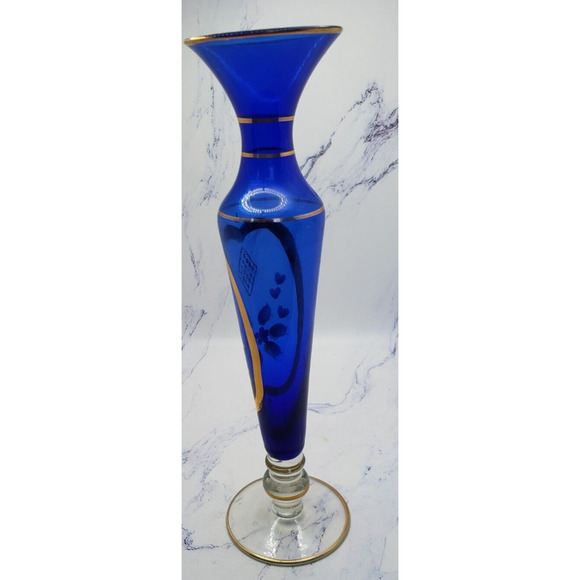 Glass Crystal Handpainted Blue 8 Inch Flower Vase With Gold Accents - Picture 2 of 5